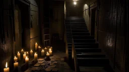 Walking in the dark basement with cautious steps, using candles to light the way, and hearing the voices of evil spirits trying to scare them.