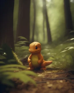 hyper realistic Charmander baby left in the woods,weird,otherworldly, real, vintage photograph,film set, 85mm lens, f/2.8 aperture