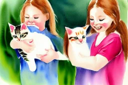 One cute smiling Norwegian girl is holding a kitten. Watercolour