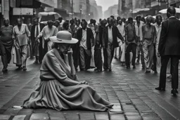 a crying woman sits with a sad face on the sidewalk on the street, people with blurred faces pass by a crying woman, a crowd of faceless gray pedestrians come and go, human backs, no one looks at the crying woman, dark colors and shades of gray, depressing, sad , a picture with a depressive mood, everything is gray, only the woman's dress is blue