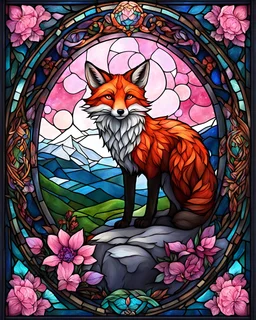 Create a stained glass window design featuring a fox incorporate colors of pink and white add shadows and highlights create a fantasy style add the moon and other night elements add a celtic theme with mountains and runes, Wlop, zhihui su, david nakayama, Seamless, Realistic details, bad art, bad anatomy, blurred, grainy, Double head