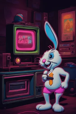 a neon sign of the easter bunny playing a video game in front of an old tv set