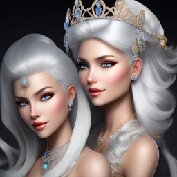 Ice Princess with white hair smilling, a crown with precious stones, bright background