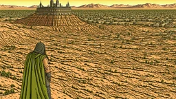 Desert warrior from behind looking at a city on a plato in the distance, comic style