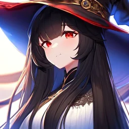 Clear focus,High resolution, black long fluffy hair, long fluffy bangs, red eyes, wearing a witch outfit, extreme close up, evil smile