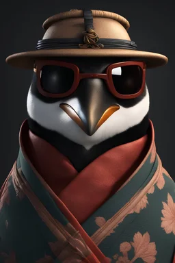 A penguin in samurai dress, portrait, wearing sunglasses ,Photorealistic, next level resolution, 4k, ultra quality, hyper realistic, detailed+