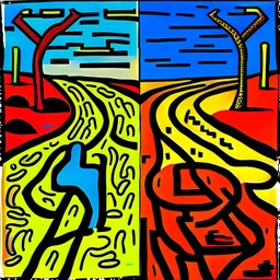 two roads diverged , art, oil colors, bright, keith haring, picasso, masterpiece