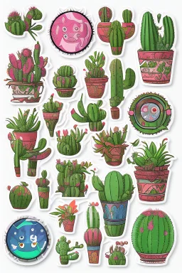 cute cartoon anime cactus sticker, anime style, white background color