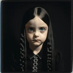 wednesday addams as a child, braids, a frange, with a black fur, polaroid, 1970s, empty black room, no emotion on her cold face