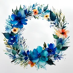 watercolor and alcohol ink, flower round wreath, white background, minimal.blue