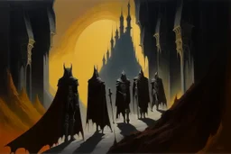 1970's dark fantasy cover dnd style oil painting of a lanparty with minimalist far perspective.