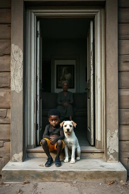 A black one year old boy and a white boy , and a small dog , sitting on the door steps of the an old paints cracked dirty abandoned house door , in the background a room with old woman sitting on the couch , insanely detailed octane render trending on artstation, 8k artistic photography, photorealistic concept art, soft natural volumetric cinematic perfect light, chiaroscuro, award-winning photograph, masterpieces, oil on canvas, Raphael, Caravaggio, Greg Rutkowski, people,