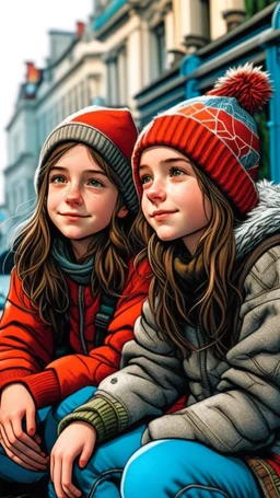 iki kız beraber sokakta oturuyorlar yaşları daha büyük liseliler daha renkli kızlardan birinin saçı kabarık diğerininki ise biraz uzun ve örgülü yaşları biraz daha büyük kıyafetleri değiştir