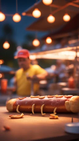 "Lonnie Bigalow" rolling a really warm hot dog on a nice summers evening with patio lanterns, bokeh like f/0.8, tilt-shift lens 8k, high detail, smooth render, down-light, unreal engine, prize winning