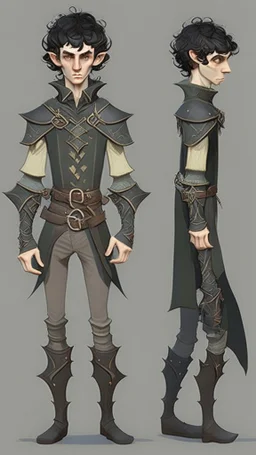 turnaround character of a young man elf, he has curly, black hair and sharp cheekbones. His eyes are black. pale skin. He wears fantasy medieval clothes. full body with boots