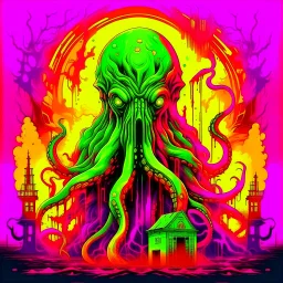 Exponential Cthulhu shift, surreal, by Victor Valla, acid wash mind-bending illustration; asymmetric, warm neon colors, shine burn, atmosphere guided by N(t)=N0​⋅e−kt