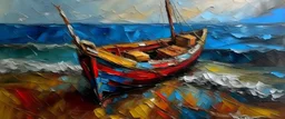 a painting boat and sea, oil paint impasto reliefs