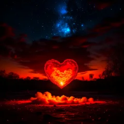 fire in a heart, against a beautiful night sky, romantic setting