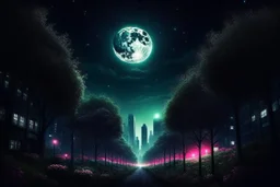 city, sci-fi, night, moon, trees, flowers, gary numan influence