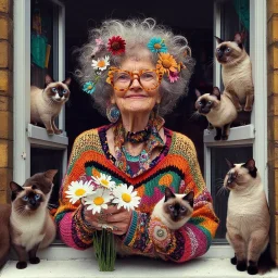 In front of a lower apartment window, a lively, elderly lady with a playful sense of style, marked by messy hair and oversized glasses, stands with her enchanting Siamese cats, poised upright on its hind legs. Jointly, they bestow lovely daisies upon stray cats assembled outside the open window, prompting a shared moment of amusement. Her eclectic outfit comprises a multicolored, beaded sweater and assorted accessories, while her coiffure features five hearts – a central