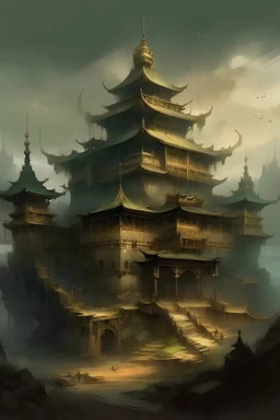 in the style of Aleksi Briclot art: an asian castle