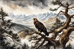 museum quality ink wash and watercolor painting of a Golden Eagle perches in the branches of an ancient, gnarled and twisted, Bristlecone Pine, on a remote plateau in the Rocky Mountains in the style of Karl Bodmer, and Winslow Homer, rendered as an aquatint, with a fine art aesthetic, highly detailed , 8k UHD cinegraphic realism