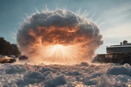 Atomic explosion, made of ice, ULTRA REALISTIC, details, intricate detail, professional lighting, film lighting, 35mm, anamorphic, lightroom, cinematography, bokeh, lens flare, film grain, hdr10, 8k, Roger Deakins, incredibly detailed, reflect, sharpen