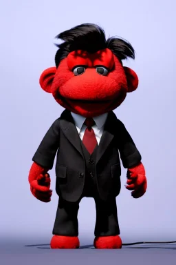 Waist up muppet Portrait, Kim Jong-un muppet doll, black suit, photo studio, red background, unreal engine 5, concept art, art station, ray tracing, lumen lighting, ultra detail, volumetric lighting, 3d.