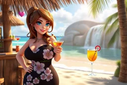 3D video game characters, a brown-haired blue-eyed plus sized woman in a black dress with white and pink flowers at the beach in sunshine, tiki bar, cocktails, hearts, waterfall, happiness