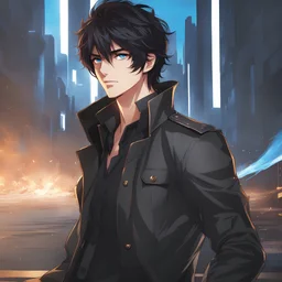 (masterpiece), (anime style), award winning, close up, centered, headshot, looking toward camera, messy black hair, young man, blue eyes, modern, dynamic lighting, ultra detailed, (epic composition, epic proportion), professional work, black clothes