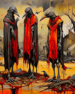 long-legged surreal lean black-grey figures with beak-shaped heads in overcoat, profile, semi-silhouettes among ramshackle ruins in a barren landscape of red, yellow, black and beige colors, intricate acrylic painting