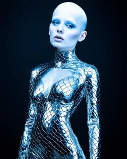 A mesmerizing fusion of intimate abstraction and surreal futurism, depicting a striking female albino figure adorned in a breathtaking silver chrome-scaled suit. The intricate structure of the suit echoes the hyper-fractal nature of a coherent hyper-position lattice, creating a dynamic interplay of light and form that seems almost otherworldly. Her presence is both mysterious and seductive, yet tinged with an innocent vulnerability, as she gazes outward with an expression of deep longing. Ether
