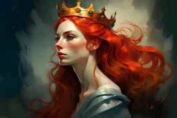 Painting of serious Redhead young woman fantasy queen with her kingdom