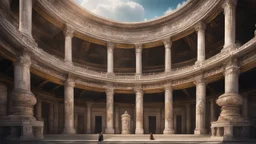 The huge temple of the kingdoms panteon in an old european city. marble. some pilgrims walking and talking. everything is intricately sculpted, exquisite realism, perfect symmetry, evenly spaces pillars. seen from ground level. there is no statues. Epic cinematic brilliant stunning intricate meticulously detailed dramatic atmospheric maximalist digital matte painting