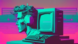 synth-wave, man with monitor as head, iconic:1.8),