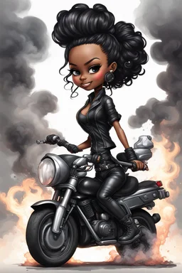 Create a digital airbrush illustration of a chibi cartoon full figure black female riding a sports motorcycle. She is wearing tie dye and black tights with biker boots. Prominent make up with log lashes and hazel eyes. Extremely highly detailed black shiny wavy hair up in a messy bun. Background of smoke surrounding her and the bike and she's at a bike show.