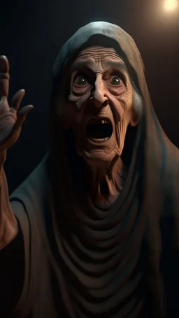 Crafting a terrifying 8K depiction of an evil old Arabic woman rising hand up ,His presence exudes an unsettling aura of malevolence, instilling fear in all who behold him.