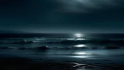 a dimly lit beach. A beautiful painting by Chris Friel captures the moody tonalism of the scene, with a foreboding sea tormenting the shores. The dark, misty atmosphere and dark blue mist add to the mystique of the black-water background.