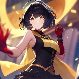 Clear focus,High resolution, Black short fluffy hair, and yellow eyes, wearing a black short skirt, sleeveless crop top, wearing long dark red gloves, yellow cloak, Holding hand out