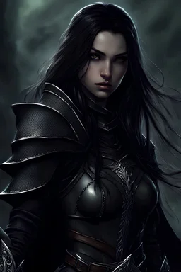 Young female elf, very beautifull, standing and holding two daggers, she is medium long with black long hair, her skin is grey or light black, her eyers are silver shiny, very dark black leather armors on her, and dark brown cape, fantasy, make good hero picture