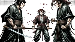 yujiro hanma vs yoriichi tsugukuni, baki vs kimetsu no yaiba, two mans standing in front of each other, a big strong man in black shirt with red hair and evil grin in martial art's stance facing a smaller feminine swordsman with long hair and calm face reaching for his sword in traditional japanese clothes both preparing to fight each other