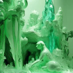 A mint colored jungle with crystals and gems painted by Auguste Rodin