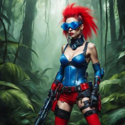 [humid jungle forest] thin blue Tank Girl alien warrior with goggles red boots and corset with ray guns