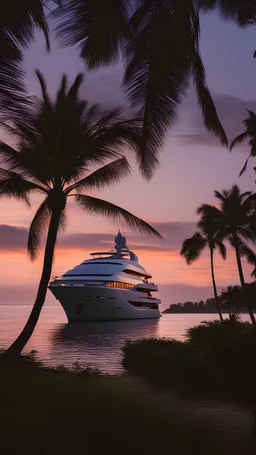 Show a yacht on the horizon at dawn.