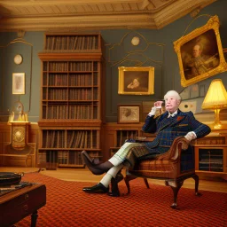 An English gentleman wearing a checkered tweed jacket, wearing slippers, sitting in a wing chair by the burning fireplace, listening to music emanating from an old gramophone, in the background an antique radio receiver standing on a dresser, a bookcase and an oil painting of Queen Victoria, realistic shot, taken indoors In yellowish light, nostalgic atmosphere, 12K