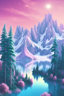  mountain topped with pink ice-cream, lake, trees, mystical, Dada,