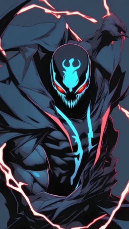 Mix between venom symbiote and Reaper in solo leveling shadow style with neon glowing blue