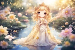 cute chibi anime silk princess in a flowergarden with beautiful flowers, pond, in sunshine, watercolor and black in outlines, golden glitter, ethereal, cinematic postprocessing, bokeh, dof