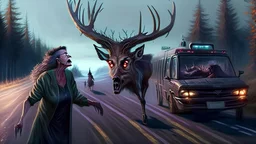 the deceased deer resurrects as an evil lovecraftian deerchad and chases an older drunk lady down the I90 highway