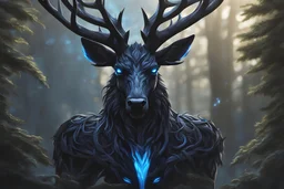 Beast Shadow symbiote in 8k realistic anime drawing style, Deer them, blue neon crystal antlers deer, human model, close picture, fantasy forest, intricate details, highly detailed, high details, detailed portrait, masterpiece,ultra detailed, ultra quality